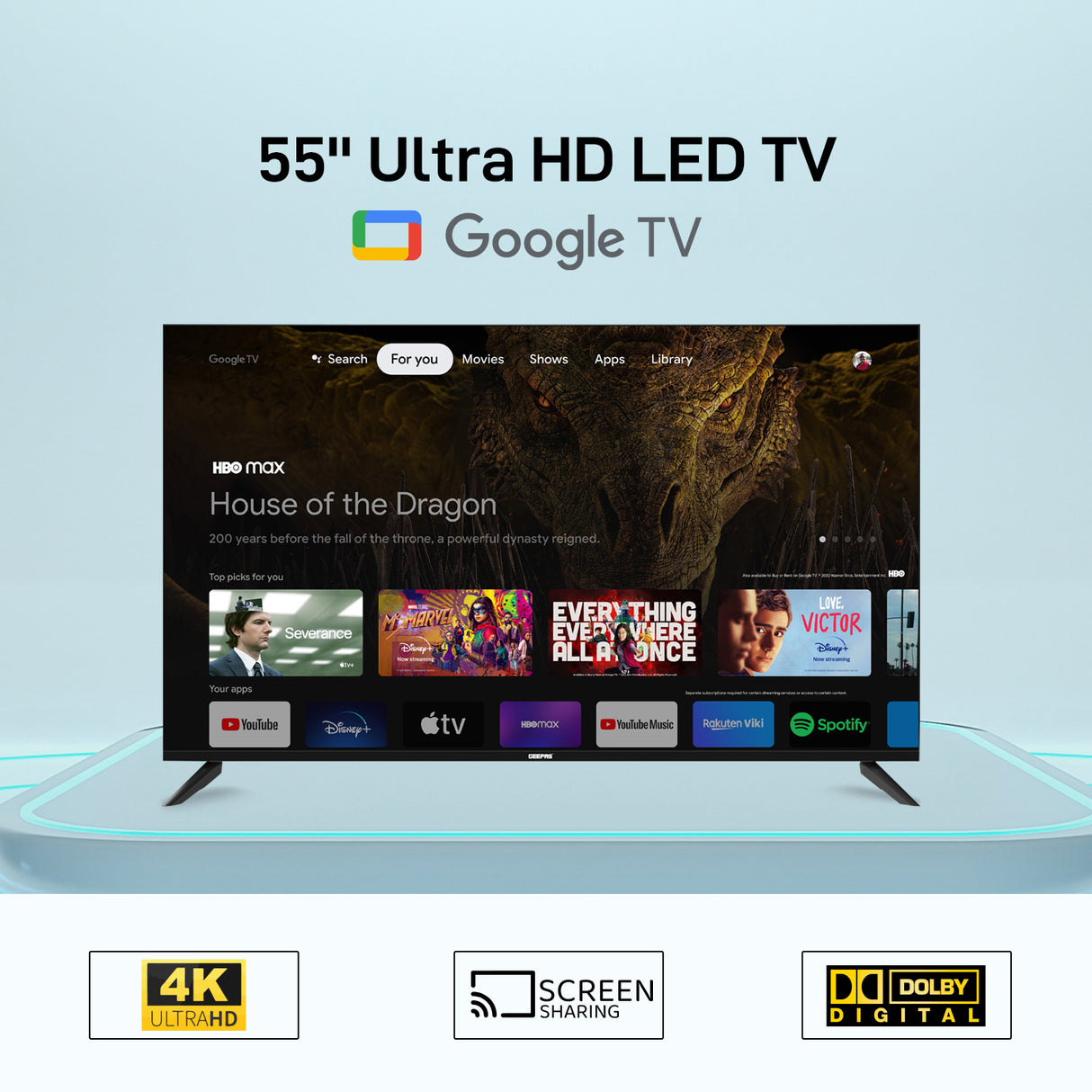 Geepas 55" Google TV- GLED5506SGXHD/ Dolby Audio, Smart Ultra HD LED TV, Built In Chromecast/ with Remote Control, HDMI and USB Ports, Wi-Fi and Screen Sharing