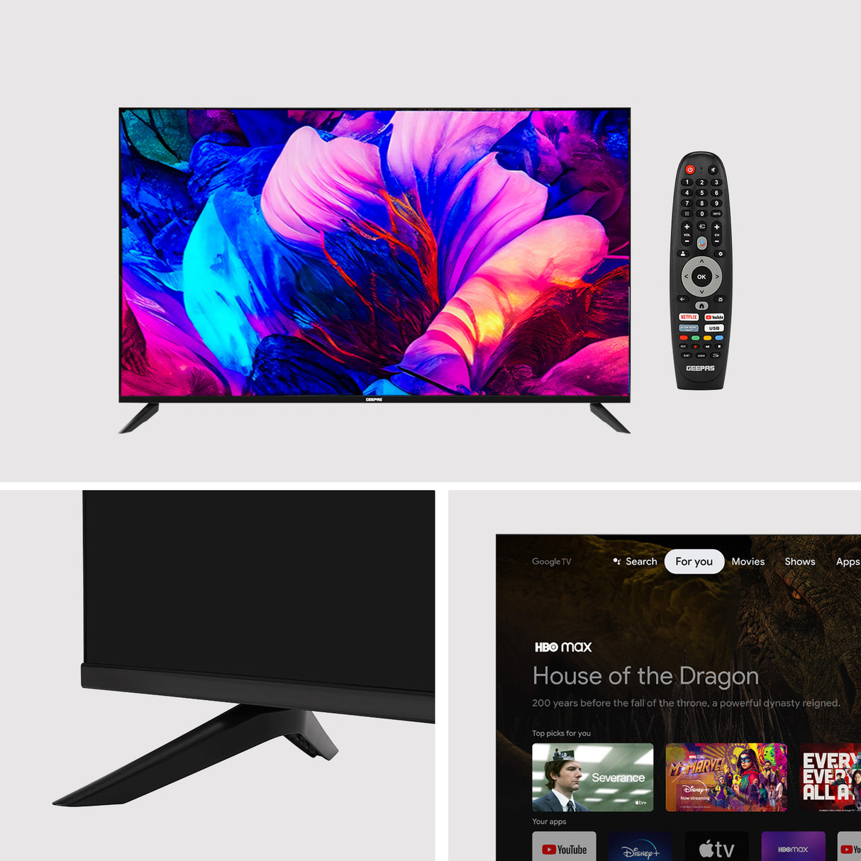 Geepas 55" Google TV- GLED5506SGXHD/ Dolby Audio, Smart Ultra HD LED TV, Built In Chromecast/ with Remote Control, HDMI and USB Ports, Wi-Fi and Screen Sharing