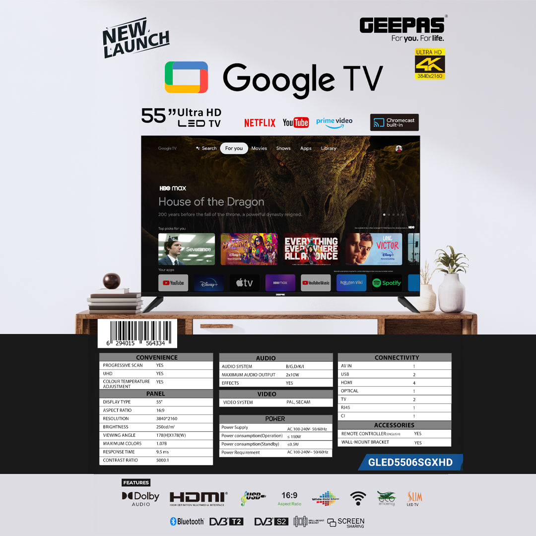 Geepas GLED5506SGXHD 55 Inch 4K Ultra HD Google TV | Smart LED Television with Chromecast Built-in| Dolby Audio| Voice Remote Control| HDMI, USB, HDR Display| Wi-Fi
