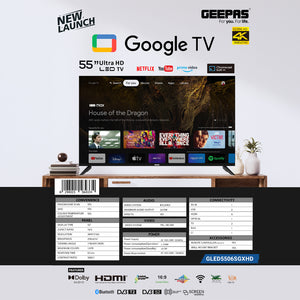 Geepas GLED5506SGXHD 55 Inch 4K Ultra HD Google TV | Smart LED Television with Chromecast Built-in| Dolby Audio| Voice Remote Control| HDMI, USB, HDR Display| Wi-Fi