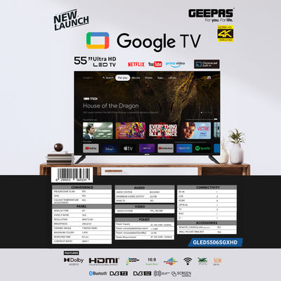Geepas GLED5506SGXHD 55 Inch 4K Ultra HD Google TV | Smart LED Television with Chromecast Built-in| Dolby Audio| Voice Remote Control| HDMI, USB, HDR Display| Wi-Fi