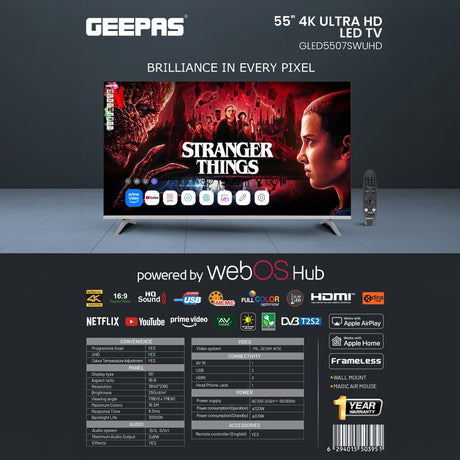 Geepas GLED5507SWUHD 55" 4K Ultra HD Smart LED TV | webOS Hub with Apple AirPlay | Full Color Optimizer | MEMC technology | Frameless slim LED |High-quality stereo sound