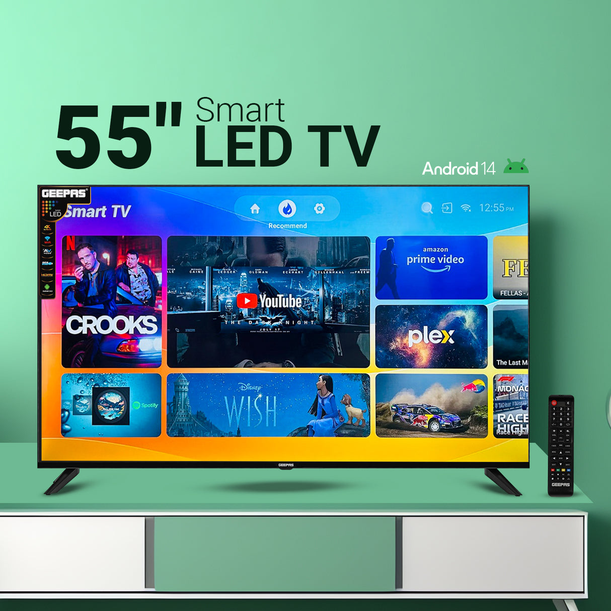Geepas GLED5508SFHD 55-Inch Ultra HD Smart LED TV | 4K UHD Resolution| Frameless Android Design| HDMI & USB Connectivity| HQ Sound| Full Color Optimizer | Slim LED