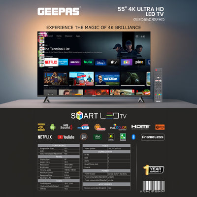 Geepas GLED5508SFHD 55-Inch Ultra HD Smart LED TV | 4K UHD Resolution| Frameless Android Design| HDMI & USB Connectivity| HQ Sound| Full Color Optimizer | Slim LED