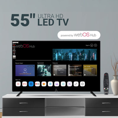 Geepas GLED5509SVUHD 55 Inch Ultra HD Smart LED TV | 4K UHD Display| webOS Hub| Frameless Design| HDMI, USB, HDR, HQ Sound| Smart Apps| Slim Design| 2x8W Audio Output