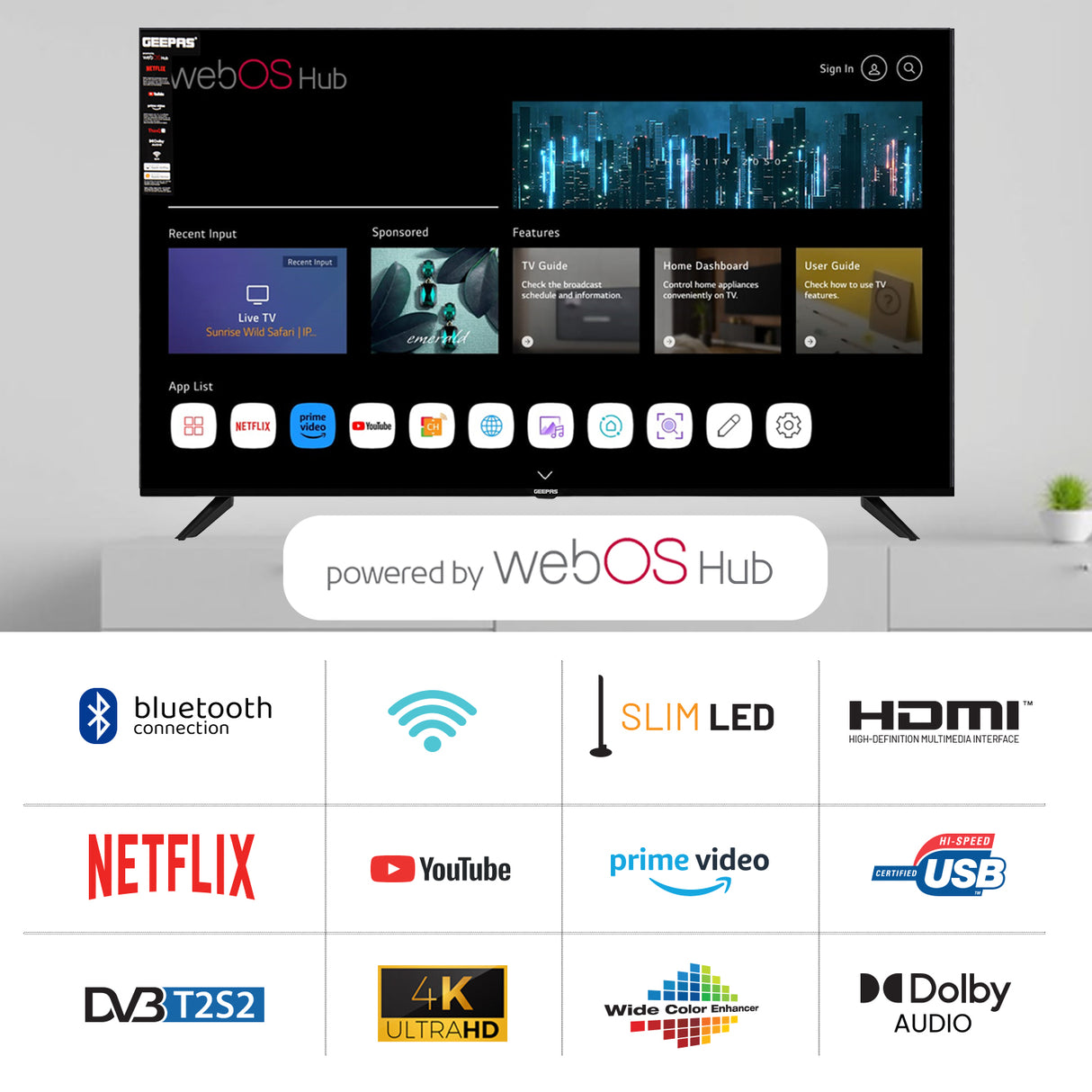 Geepas GLED5509SVUHD 55 Inch Ultra HD Smart LED TV | 4K UHD Display| webOS Hub| Frameless Design| HDMI, USB, HDR, HQ Sound| Smart Apps| Slim Design| 2x8W Audio Output