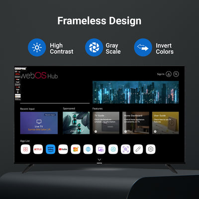 Geepas GLED5509SVUHD 55 Inch Ultra HD Smart LED TV | 4K UHD Display| webOS Hub| Frameless Design| HDMI, USB, HDR, HQ Sound| Smart Apps| Slim Design| 2x8W Audio Output