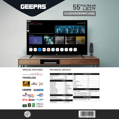 Geepas GLED5509SVUHD 55 Inch Ultra HD Smart LED TV | 4K UHD Display| webOS Hub| Frameless Design| HDMI, USB, HDR, HQ Sound| Smart Apps| Slim Design| 2x8W Audio Output