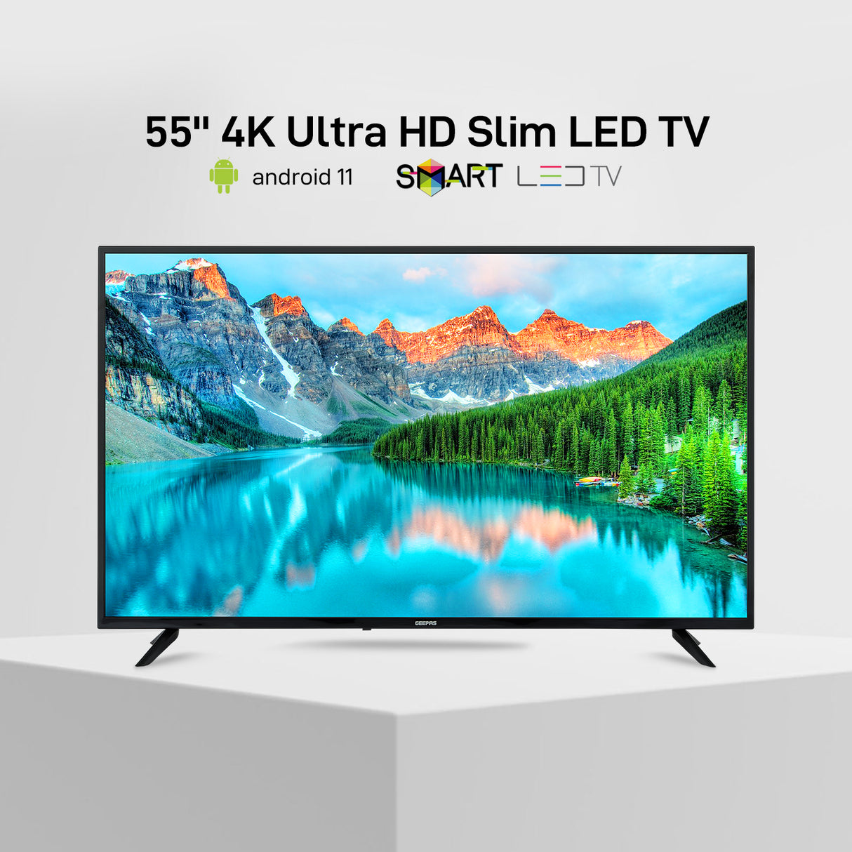 Geepas GLED5523SXUHD 55” 4K Ultra HD Smart LED TV | Android 11 OS| Frameless Design| Wi-Fi, 3 HDMI, USB, DVB-T2, 16.7M Colors| 178° Viewing Angle| 1-Year Warranty