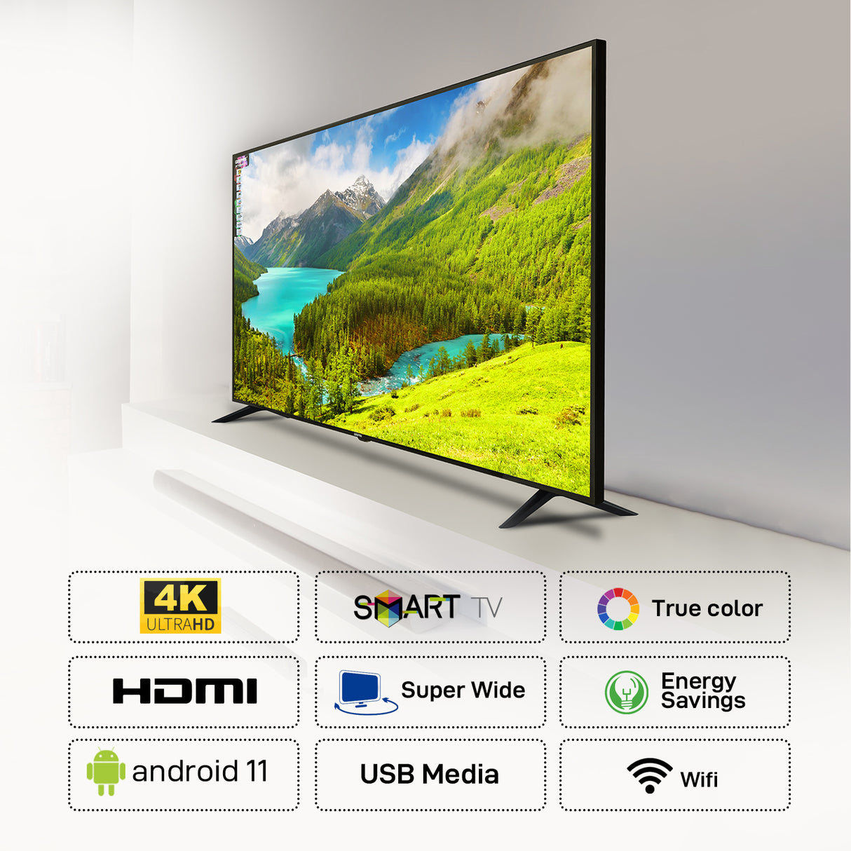 Geepas GLED5523SXUHD 55” 4K Ultra HD Smart LED TV | Android 11 OS| Frameless Design| Wi-Fi, 3 HDMI, USB, DVB-T2, 16.7M Colors| 178° Viewing Angle| 1-Year Warranty