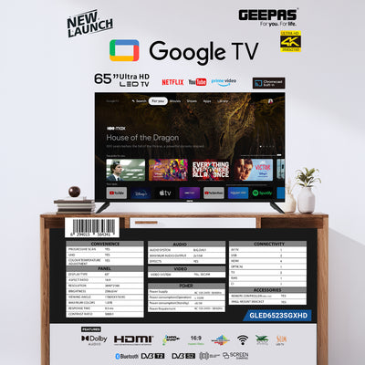Geepas GLED6523SGXHD 65-Inch Ultra HD Smart LED TV | Google TV with Chromecast Built-In| 4K 3840x2160 Resolution| Dolby Audio|  Slim Design | 2x10W Stereo Speakers