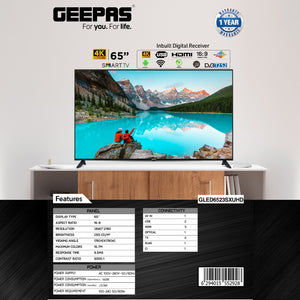 Geepas GLED6523SXUHD 65” 4K Ultra HD Smart LED TV | HDR | Inbuilt Digital Receiver| HDMI, USB| Wide Viewing Angle | High Contrast | Slim Design | 1-Year Warranty
