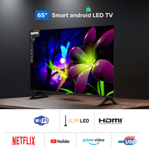 Geepas GLED6538SEUHD 65 Inch Ultra HD Smart LED TV | 4K UHD Frameless Display| HDR| HDMI| USB Connectivity| Smart Apps| HQ Sound |  Remote Control| 2x8W Audio Output