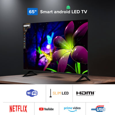 Geepas GLED6538SEUHD 65 Inch Ultra HD Smart LED TV | 4K UHD Frameless Display| HDR| HDMI| USB Connectivity| Smart Apps| HQ Sound |  Remote Control| 2x8W Audio Output