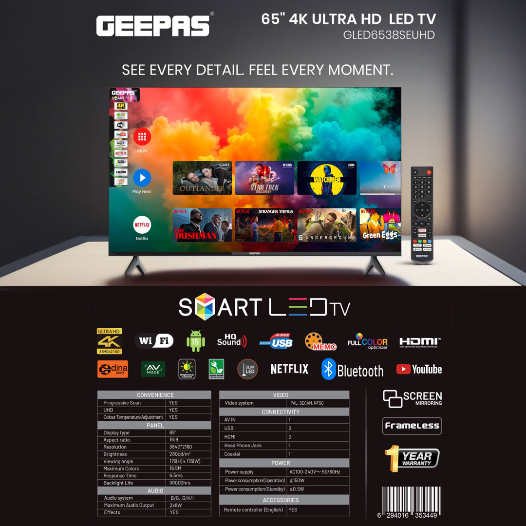 Geepas GLED6538SEUHD 65 Inch Ultra HD Smart LED TV | 4K UHD Frameless Display| HDR| HDMI| USB Connectivity| Smart Apps| HQ Sound |  Remote Control| 2x8W Audio Output