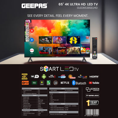 Geepas GLED6538SEUHD 65 Inch Ultra HD Smart LED TV | 4K UHD Frameless Display| HDR| HDMI| USB Connectivity| Smart Apps| HQ Sound |  Remote Control| 2x8W Audio Output