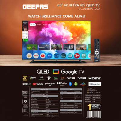 Geepas GLED6565GTQLD 65” 4K Ultra HD QLED Smart TV with Google TV | Dolby Audio & HDR | Built-in Chromecast | 3 HDMI, 2 USB, DVB-T2/S2, Voice Remote & Wall Mount