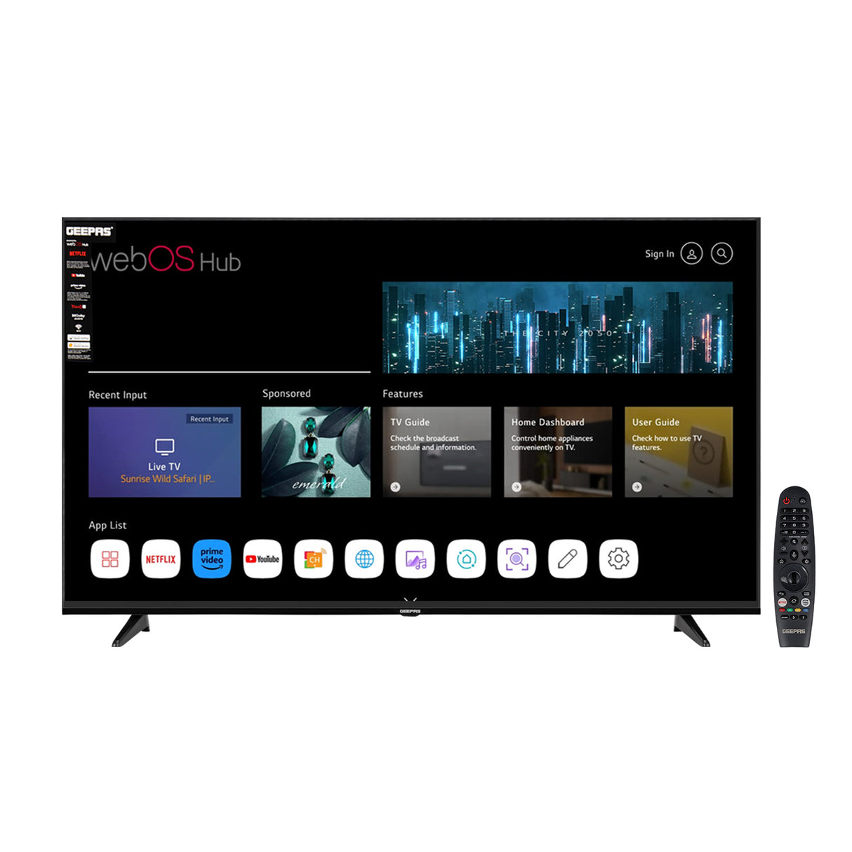 Geepas GLED6569SVUHD 65-Inch Ultra HD Smart LED TV | 4K UHD | webOS Hub| Frameless Design | HDMI & USB Connectivity | HQ Sound | Slim LED Display | Built-in Apps