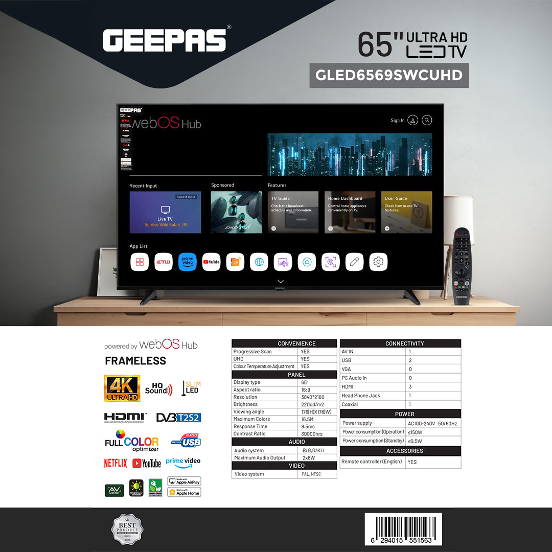 Geepas GLED6569SVUHD 65-Inch Ultra HD Smart LED TV | 4K UHD | webOS Hub| Frameless Design | HDMI & USB Connectivity | HQ Sound | Slim LED Display | Built-in Apps