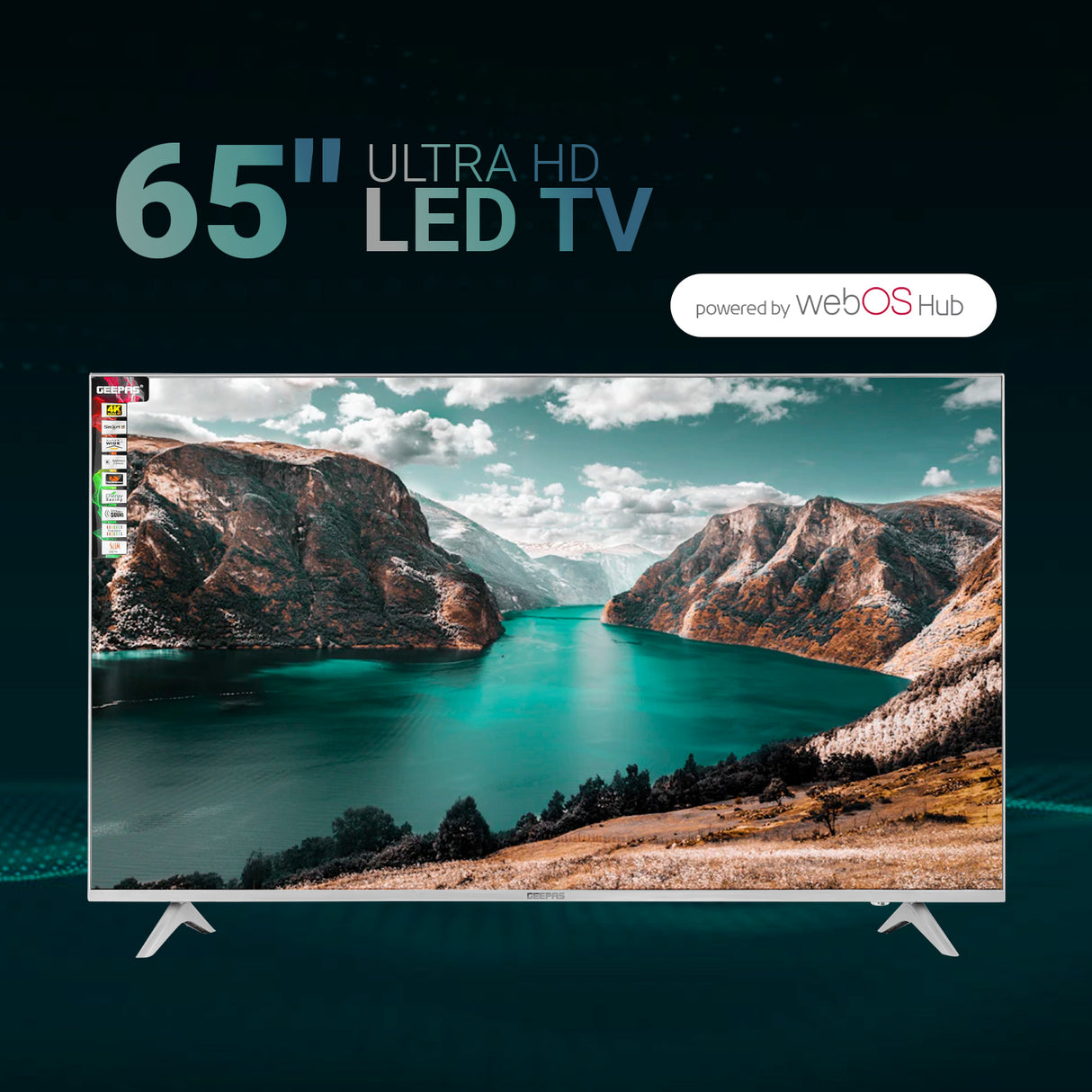 Geepas 65" Ultra HD LED TV- GLED6569SWUHD/ Gaming Supported, User Friendly with Voice Assistant/ with Remote Control, HDMI and USB Ports/ Bluetooth, App Store, Apple AirPlay/ Slim Design