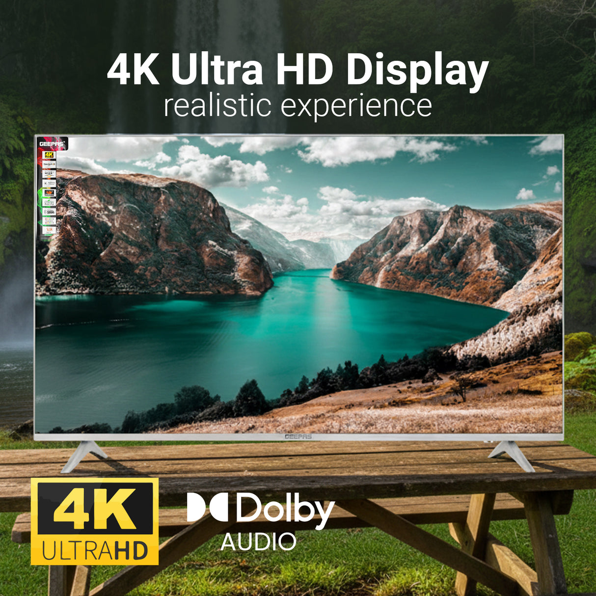 Geepas 65" Ultra HD LED TV- GLED6569SWUHD/ Gaming Supported, User Friendly with Voice Assistant/ with Remote Control, HDMI and USB Ports/ Bluetooth, App Store, Apple AirPlay/ Slim Design