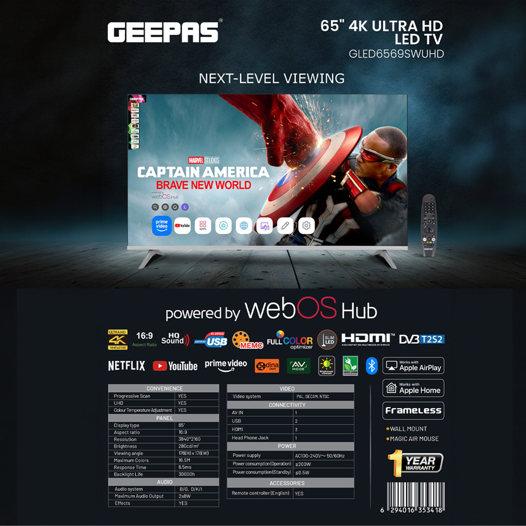 Geepas 65" Ultra HD LED TV- GLED6569SWUHD/ Gaming Supported, User Friendly with Voice Assistant/ with Remote Control, HDMI and USB Ports/ Bluetooth, App Store, Apple AirPlay/ Slim Design