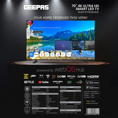 Geepas GLED7079SWUHD 70 Inch 4K Ultra HD Smart LED TV | webOS Hub| Dolby Audio| Netflix| YouTube| Prime Video| Apple AirPlay & Home | Wi-Fi, Bluetooth, 3 HDMI & 2 USB