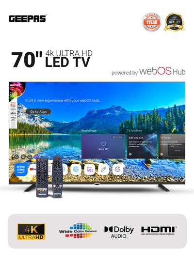 Geepas GLED7079SWUHD 70 Inch 4K Ultra HD Smart LED TV | webOS Hub| Dolby Audio| Netflix| YouTube| Prime Video| Apple AirPlay & Home | Wi-Fi, Bluetooth, 3 HDMI & 2 USB