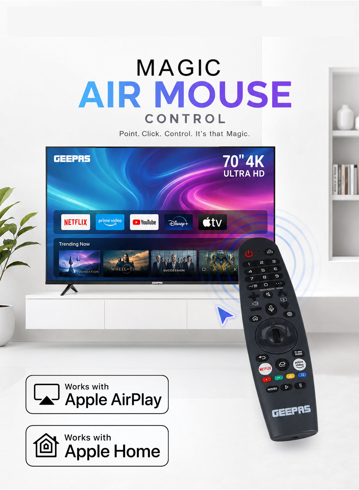 Geepas GLED7079SWUHD 70 Inch 4K Ultra HD Smart LED TV | webOS Hub| Dolby Audio| Netflix| YouTube| Prime Video| Apple AirPlay & Home | Wi-Fi, Bluetooth, 3 HDMI & 2 USB