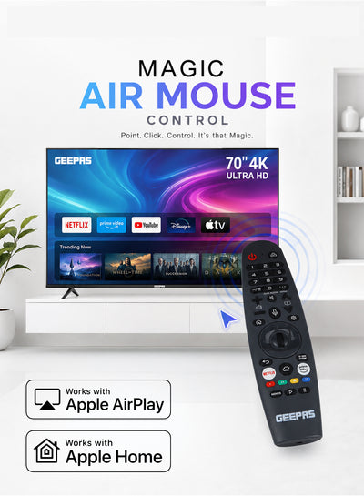 Geepas GLED7079SWUHD 70 Inch 4K Ultra HD Smart LED TV | webOS Hub| Dolby Audio| Netflix| YouTube| Prime Video| Apple AirPlay & Home | Wi-Fi, Bluetooth, 3 HDMI & 2 USB