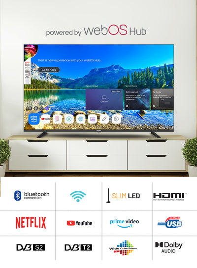 Geepas GLED7079SWUHD 70 Inch 4K Ultra HD Smart LED TV | webOS Hub| Dolby Audio| Netflix| YouTube| Prime Video| Apple AirPlay & Home | Wi-Fi, Bluetooth, 3 HDMI & 2 USB