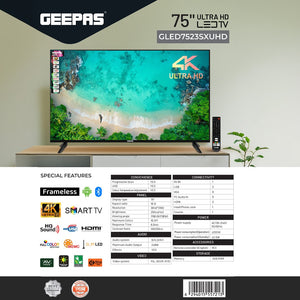 Geepas 75" Smart TV- GLED7523SXUHD| VIDAA Powered, DOLBY Digital, 4K Ultra HD, Smart TV| HDMI & USB Ports|  Pre-Installed Apps, Wi-Fi and Screen Sharing, Dolby Digital
