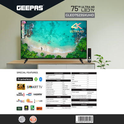 Geepas 75" Smart TV- GLED7523SXUHD| VIDAA Powered, DOLBY Digital, 4K Ultra HD, Smart TV| HDMI & USB Ports|  Pre-Installed Apps, Wi-Fi and Screen Sharing, Dolby Digital