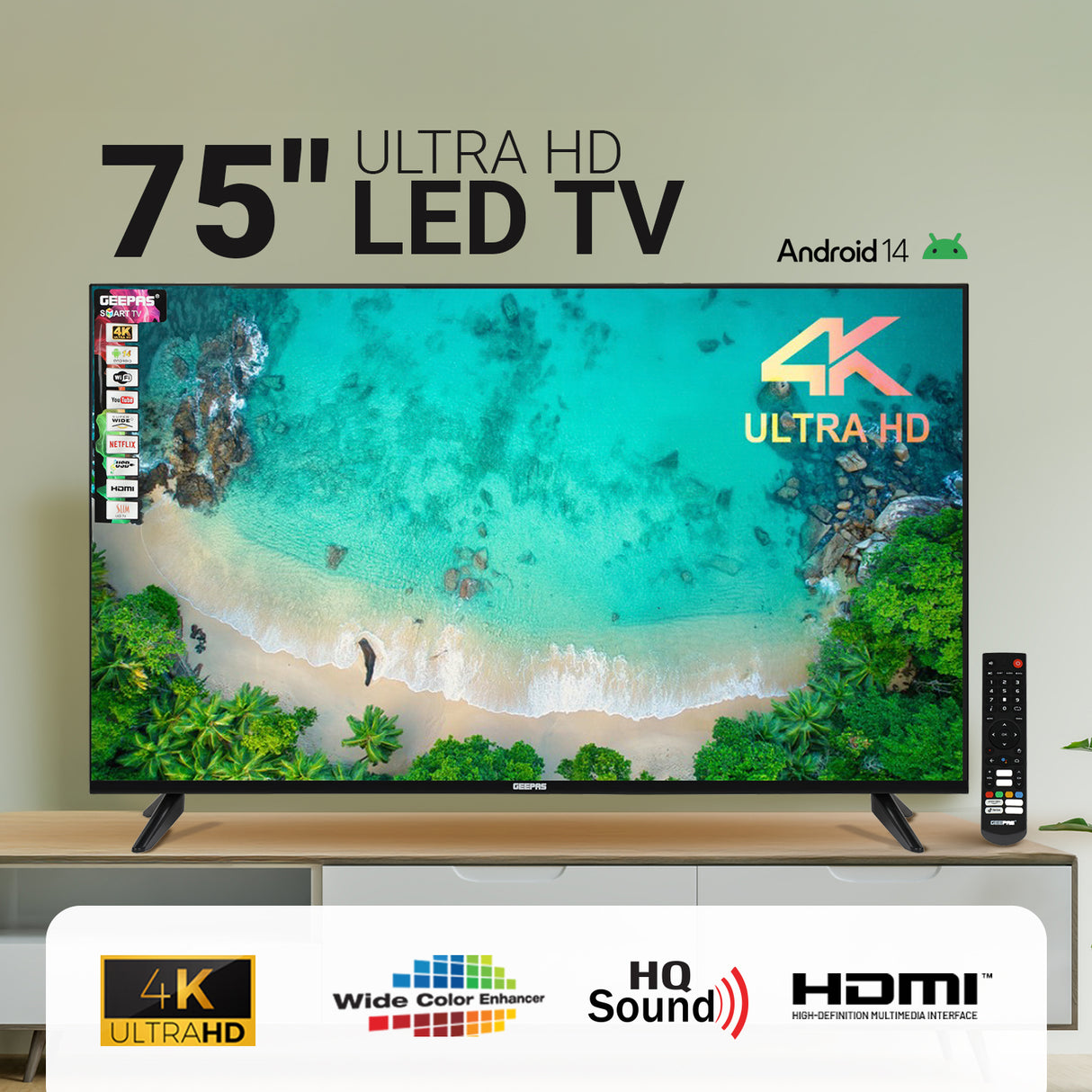 Geepas 75" Smart TV- GLED7523SXUHD| VIDAA Powered, DOLBY Digital, 4K Ultra HD, Smart TV| HDMI & USB Ports|  Pre-Installed Apps, Wi-Fi and Screen Sharing, Dolby Digital