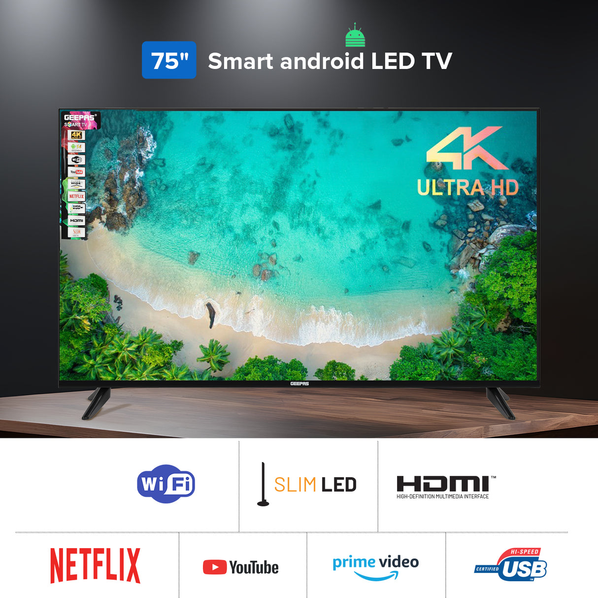 Geepas 75" Smart TV- GLED7523SXUHD| VIDAA Powered, DOLBY Digital, 4K Ultra HD, Smart TV| HDMI & USB Ports|  Pre-Installed Apps, Wi-Fi and Screen Sharing, Dolby Digital