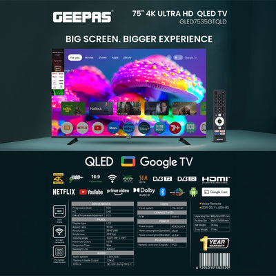 Geepas GLED7535GTQLD 75” 4K Ultra HD QLED Smart TV |  Google TV |  Dolby Audio & HDR |  Built-in Chromecast |  Voice Remote |  3 HDMI, 2 USB,  WiFi  &  Bluetooth