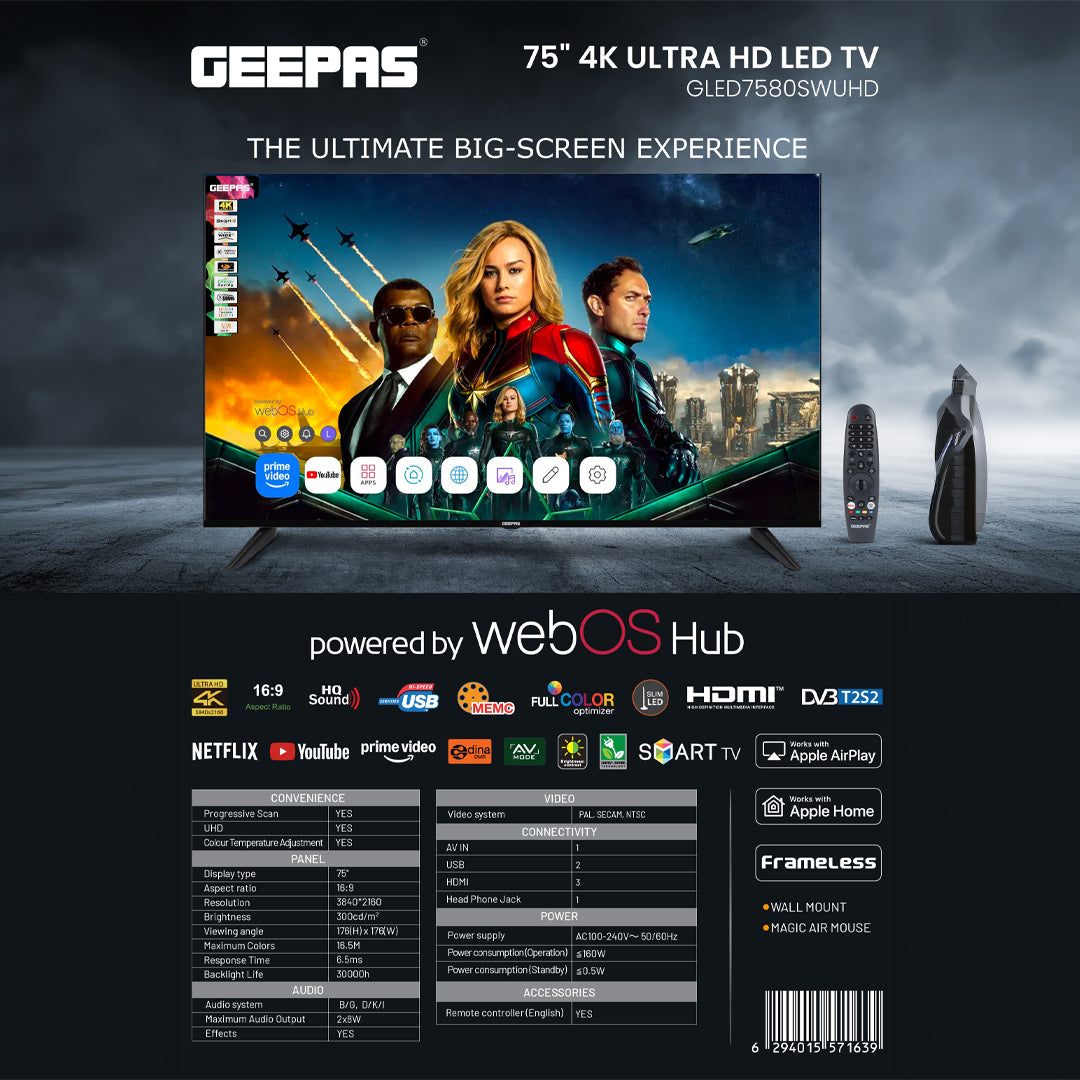 Geepas GLED7580SWUHD 75” 4K Ultra HD LED Smart TV |  WebOS Hub | Apple AirPlay | Frameless Design | MEMC Technology | 3 HDMI, 2 USB, Magic Air Mouse & Smart Apps