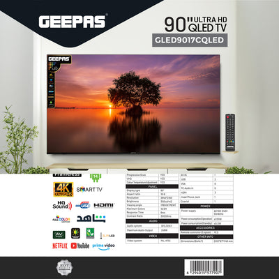 Geepas GLED9017CQLED 90”  Ultra HD QLED Smart TV |Android 14 | Frameless Design | Full Color Optimizer | 3 HDMI, 2 USB,  300cd/m² Brightness | Energy Saving Technology
