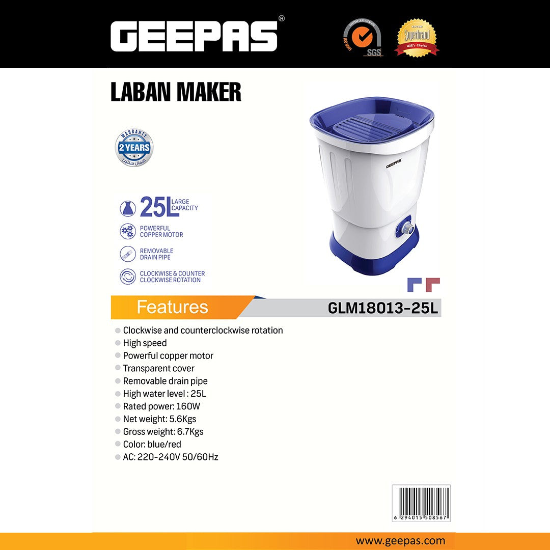 Geepas Laban Maker GLM18013 |  25L Capacity|  160W Copper Motor | Clockwise & Counterclockwise Rotation | Transparent Cover| Removable Drain Pipe| 2 Year Warranty