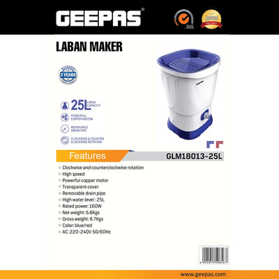 Geepas Laban Maker GLM18013 |  25L Capacity|  160W Copper Motor | Clockwise & Counterclockwise Rotation | Transparent Cover| Removable Drain Pipe| 2 Year Warranty