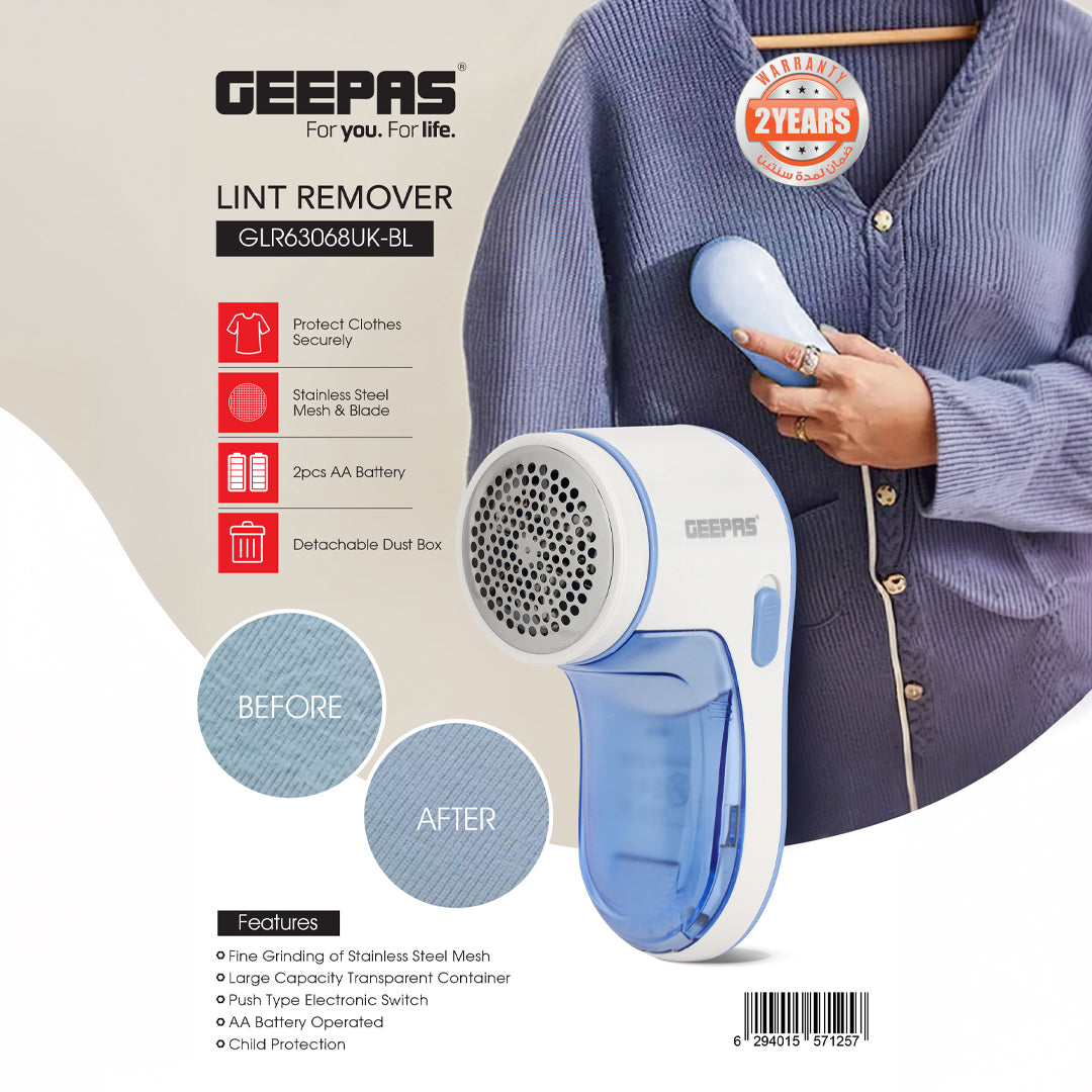 Geepas Lint Remover GLR63068UK-BL | Stainless Steel Blade | Detachable Dust Box | Fabric Safe Design |transparent container| AA Battery Operation & Easy Lint Removal Tool