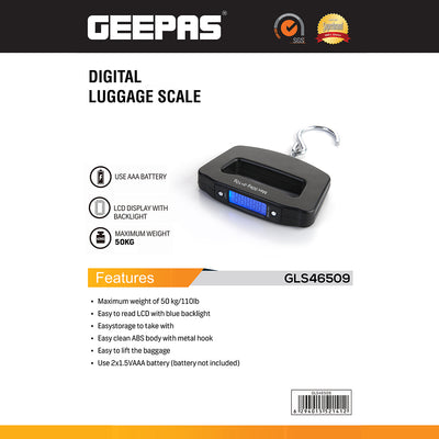Geepas GLS46509 Digital Luggage Scale | 50kg/110lb Capacity| LCD Display with Blue Backlight| Easy Storage ABS Body| Metal Hook & AAA Battery Operated | 2 Years Warranty
