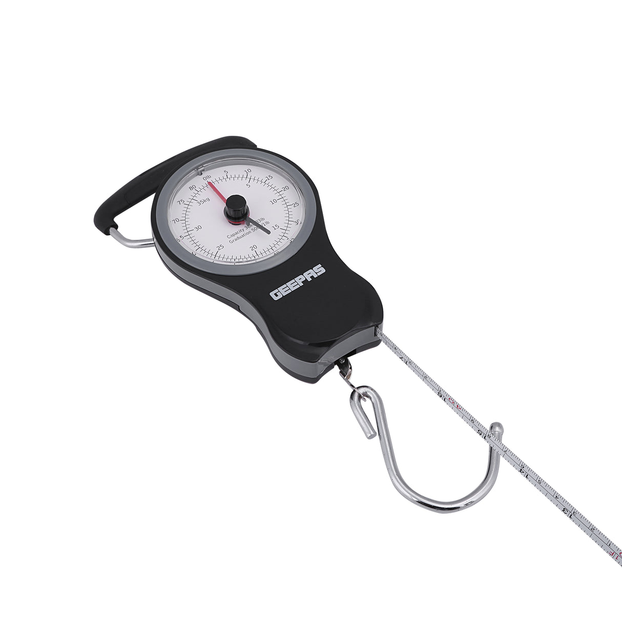 Geepas GLS46510 Portable Hanging Scale 38kg | Mechanical Luggage Scale with Double Pointer, 1m Tape & Metal Hook | 1 Meter Measuring Tape | ABS Body | Portable Design