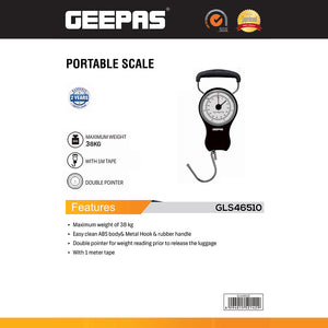Geepas GLS46510 Portable Hanging Scale 38kg | Mechanical Luggage Scale with Double Pointer, 1m Tape & Metal Hook | 1 Meter Measuring Tape | ABS Body | Portable Design