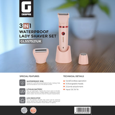 Geepas 3-in-1 Waterproof Lady Shaver Set GLS57521UK | IPX6 Waterproof, LED Indicator | Cord & Cordless Use | 3 Heads, 2 Combs | Ideal for Home & Salon | 2-Year Warranty