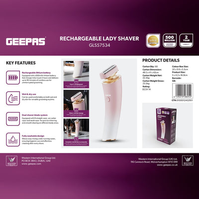Geepas GLS57534 Rechargeable Lady Shaver | Rechargeable 600mAh Lithium Battery  |90-Minute Cordless Runtime | Wet and Dry Use | Dual Shaver Blade System |Water-Resistant