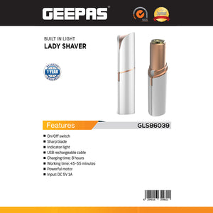 Geepas GLS86039 Built-In Light Lady Shaver | Rechargeable USB Design| Sharp Blade| Indicator Light| On/Off Switch| 45–55 Mins Working Time| DC 5V 1A Input| 8H Charging