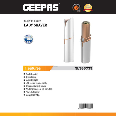 Geepas GLS86039 Built-In Light Lady Shaver | Rechargeable USB Design| Sharp Blade| Indicator Light| On/Off Switch| 45–55 Mins Working Time| DC 5V 1A Input| 8H Charging