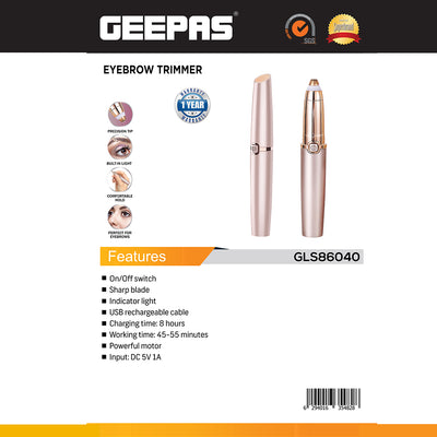 Geepas GLS86040 Eyebrow Trimmer | Precision Tip| Built-in LED Light | Sharp Blade | Rechargeable Design | Comfortable Grip | 45–55 Min Working Time |  1 Year Warranty