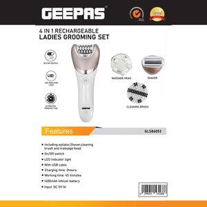 Geepas GLS86053 4-in-1 Rechargeable Ladies Grooming Set | Epilator, Shaver, Cleaning Brush & Massage Head| 1400mAh Battery| LED Indicator|  45-Minute Working Time